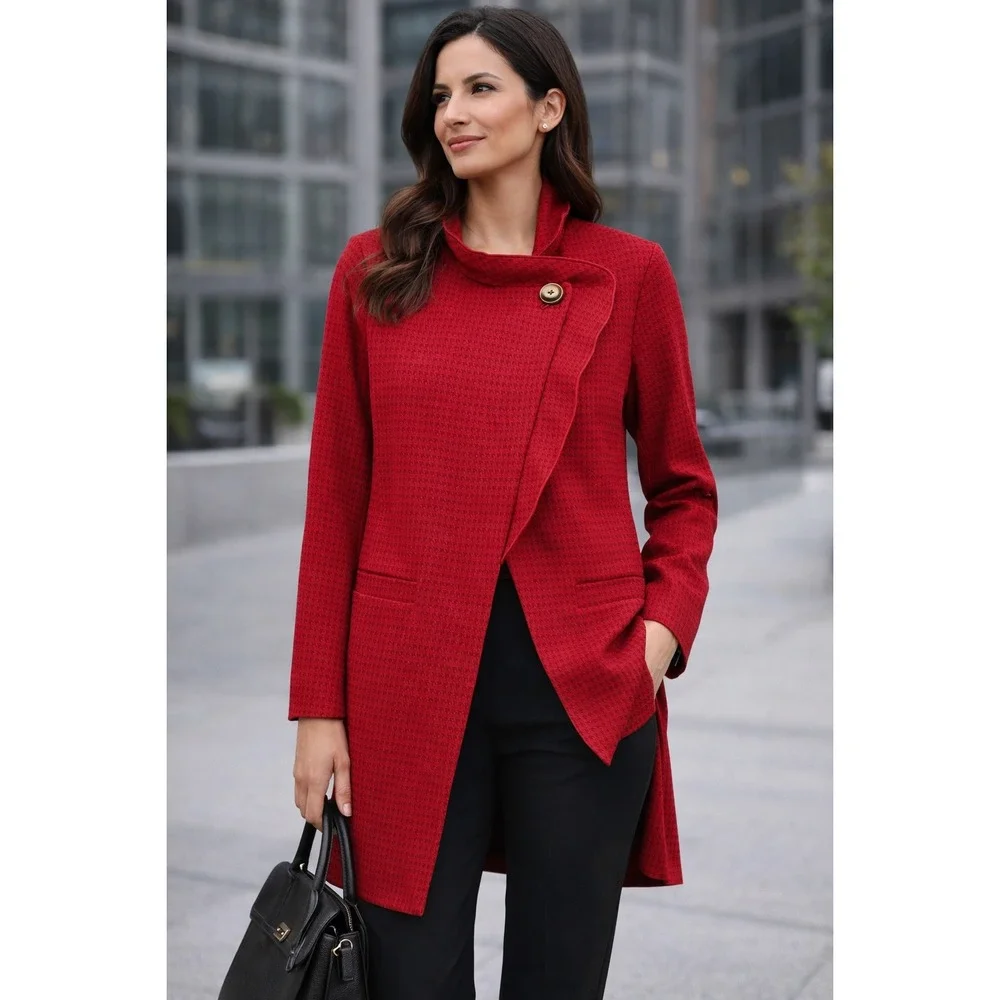 Cabi Red Houndstooth‎ Asymmetrical Button Jacket Blazer Size S